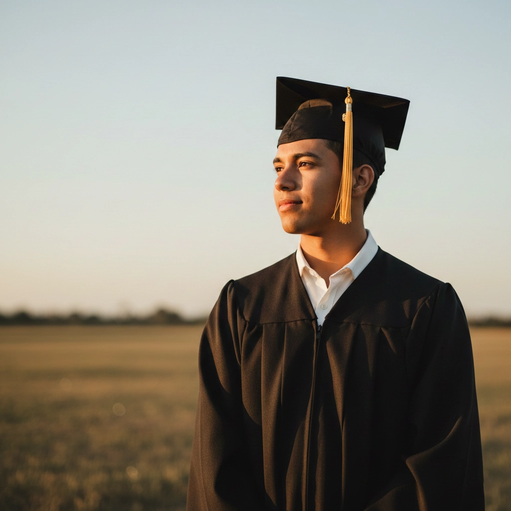 Aluno com traje de formatura olha para o horizonte e sorri